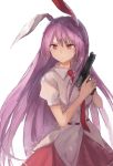  animal_ears beretta_92 breasts bunny_ears commentary cowboy_shot eyebrows_visible_through_hair gun handgun highres holding holding_gun holding_weapon medium_breasts necktie pink_skirt pistol puffy_short_sleeves puffy_sleeves purple_hair red_eyes red_neckwear reisen_udongein_inaba shirt short_sleeves simple_background skirt solo standing thkani touhou weapon white_background white_shirt 
