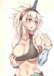  absurdres breasts hairband highres horn jewelry kirin_(armor) large_breasts long_hair monster_hunter monster_hunter:_world navel necklace red_eyes simple_background solo standing sweat togin upper_body white_background white_hair 