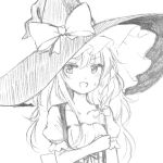  :d blush braid collarbone commentary dirndl dress german_clothes greyscale hand_on_own_chest hat kirisame_marisa long_hair looking_at_viewer low-cut monochrome open_mouth puffy_short_sleeves puffy_sleeves short_sleeves side_braid single_braid sketch smile solo sweat touhou wavy_hair witch_hat yururi_nano 