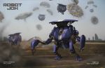  airborne army battle building cityscape claws cockpit commentary damaged dated day dirty drone dust dust_cloud empty english_commentary explosion flak folded grey_sky highres horizon landing larry_quach lights logo magnetism mecha no_humans original outdoors outstretched_arm parachute realistic road robot_jox science_fiction signature sky_gopher smoke unfolding 