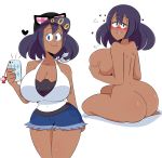  1girl ass blue_eyes blush breasts closed_mouth dark-skinned_female dark_skin eyebrows hat heart jinu long_hair looking_back nude open_mouth phone pokemon pokemon_(game) pokemon_sm pokemon_xy shirt shorts simple_background sina_(pokemon) sitting smile solo teeth white_background 