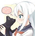  animal black_cat black_sailor_collar blue_eyes cat hair_between_eyes hibiki_(kantai_collection) holding holding_animal kantai_collection long_hair long_sleeves neckerchief rateratte red_neckwear sailor_collar school_uniform serafuku silver_hair solo translated 