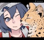  animal animalization blue_eyes blue_hair cheek_licking closed_eyes commentary dated face face_licking grey_background hair_between_eyes hat highres kaban_(kemono_friends) kemono_friends letterboxed licking nanakusa_kayu_(kibou-girl) one_eye_closed red_shirt serval serval_(kemono_friends) shirt short_hair simple_background tongue tongue_out wavy_mouth white_hat 