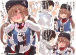  1girl admiral_(kantai_collection) anchor belt black_hair black_skirt blush bow brown_eyes brown_hair closed_eyes comic commentary eyebrows_visible_through_hair hair_between_eyes hair_ornament hairclip hat jacket kantai_collection long_hair long_sleeves looking_at_another military military_hat military_jacket military_uniform miniskirt naval_uniform open_mouth papakha pun red_shirt scarf shirt skirt suzuki_toto tashkent_(kantai_collection) translated uniform white_scarf 