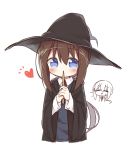  :&gt; =_= ayanepuna bangs black_hat black_robe blue_cardigan blue_eyes blush brown_hair cardigan closed_eyes collared_shirt covered_mouth eyebrows_visible_through_hair hair_between_eyes hair_ornament hat heart highres holding holding_wand hood hood_down hooded_robe long_hair looking_at_viewer low_ponytail multiple_girls open_clothes open_robe original own_hands_together parted_lips ponytail robe shirt simple_background solo_focus sweat triangle_mouth upper_body very_long_hair wand white_background white_shirt witch_hat x_hair_ornament 