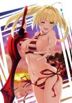  ;d aestus_estus ahoge bikini blonde_hair breasts earrings fate/grand_order fate_(series) green_eyes holding holding_sword holding_weapon jewelry large_breasts long_hair murio nero_claudius_(fate)_(all) nero_claudius_(swimsuit_caster)_(fate) one_eye_closed open_mouth red_bikini side-tie_bikini smile solo standing striped striped_bikini swimsuit sword twintails v weapon 