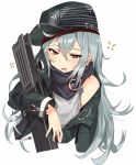  absurdres ahoge assault_rifle bangs bare_shoulders blush brown_eyes bullpup commentary_request cropped_torso eyebrows_visible_through_hair g11 g11_(girls_frontline) girls_frontline green_jacket grey_shirt gun hair_between_eyes half-closed_eyes hat heckler_&amp;_koch highres holding holding_gun holding_weapon jacket long_hair long_sleeves looking_at_viewer magazine_(weapon) messy_hair open_clothes open_mouth red_scarf rifle scarf scarf_on_head scope shirt shoulder_cutout sidelocks signature silver_hair solo tuxedo_de_cat upper_body very_long_hair weapon white_background yawning 