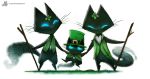  ambiguous_gender anthro black_fur blue_eyes bottomless cat clothed clothing clover cryptid-creations fairy feline four-leaf_clover fur glowing glowing_eyes group hat holidays leaf mammal sidhe_(cryptid-creations) simple_background st._patrick&#039;s_day stick whiskers white_background white_fur young 
