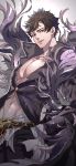  belial_(granblue_fantasy) black_hair black_shirt feather_boa granblue_fantasy hand_in_pocket highres male_focus pectorals red_eyes shirt short_hair smile solo tenobe 