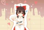  apron blush bow bowl brown_hair chocolate commentary detached_sleeves flying_sweatdrops frustrated hair_bow hair_tubes hakurei_reimu heart large_bow looking_at_viewer mixing_bowl red_eyes reimu_mikoro skirt solo star stirring touhou v-shaped_eyebrows valentine 