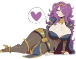  1girl blush breasts camilla_(fire_emblem_if) cosplay eyebrows fire_emblem fire_emblem:_kakusei fire_emblem_if hair_over_one_eye heart high_heels jewelry jinu long_hair matching_hair/eyes open_mouth purple_eyes purple_hair simple_background solo teeth tharja_(cosplay) tiara tongue white_background 