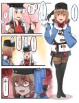  3koma :d =3 ? black_gloves black_hat black_skirt brown_eyes brown_gloves brown_hair comic commentary empty_eyes fingerless_gloves food food_on_face gangut_(kantai_collection) gloves hair_between_eyes hair_ornament hairclip hamburger hat highres holding holding_food ido_(teketeke) jacket kantai_collection long_hair long_sleeves mcdonald's md5_mismatch multiple_girls open_mouth pantyhose peaked_cap pleated_skirt red_shirt remodel_(kantai_collection) revision scar shaded_face shirt skirt smile speech_bubble spoken_question_mark tashkent_(kantai_collection) translated twintails white_hair white_jacket 