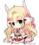  :d ahoge animal_ears bangs black_footwear blonde_hair blush bunny_ears bunny_hair_ornament chibi commentary_request detached_sleeves eyebrows_visible_through_hair flower green_eyes hair_between_eyes hair_flower hair_ornament head_tilt japanese_clothes kimono kneehighs kneeling long_hair long_sleeves looking_at_viewer open_mouth pinching_sleeves pink_flower pleated_skirt red_skirt shironeko_project short_kimono simple_background skirt smile solo tsukimi_(shironeko_project) twitter_username very_long_hair white_background white_kimono white_legwear wide_sleeves yukiyuki_441 zouri 