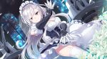  absurdres apron azur_lane bangs belfast_(azur_lane) blurry bokeh braid breasts buttons chain cleavage closed_mouth commentary_request corset crossed_legs depth_of_field dress dutch_angle eyebrows_visible_through_hair eyelashes falling_petals floating_hair flower french_braid frilled_apron frilled_dress frills garter_straps gauntlets gloves highres holding holding_weapon indoors large_breasts lily_(flower) long_hair looking_at_viewer machinery maid maid_apron maid_headdress night petals pose purple_eyes shiny shiny_hair silver_hair smile solo standing swept_bangs takehana_note thighhighs turret very_long_hair weapon white_apron white_flower white_gloves white_legwear wind wind_lift window zettai_ryouiki 