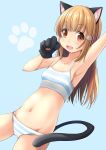  :d animal_ears armpits ass_visible_through_thighs blonde_hair blue_background blush bra breasts cat_ears cat_paws cat_tail collarbone commentary_request eyebrows_visible_through_hair fake_animal_ears gloves highres long_hair looking_at_viewer navel open_mouth original panties paw_gloves paw_hair_ornament paw_pose paw_print paws shibacha simple_background small_breasts smile solo striped striped_bra striped_panties tail underwear underwear_only yellow_eyes 