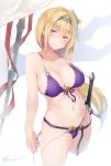  belt bikini blonde_hair blue_eyes blush braid breasts cowboy_shot flower granblue_fantasy hair_flower hair_ornament hairband highres jeanne_d'arc_(granblue_fantasy) large_breasts long_braid long_hair looking_at_viewer nanahara_fuyuki parted_lips purple_bikini purple_eyes revision side-tie_bikini single_braid solo swimsuit sword twitter_username untied untied_bikini weapon 