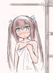  after_shower asagumo_(kantai_collection) blush collarbone commentary_request curse_(023) dated eyebrows_visible_through_hair hair_ribbon highres kantai_collection long_hair looking_at_viewer naked_towel pink_hair ribbon short_twintails towel twintails 