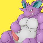  2017 anthro blush censored erection fangs green_eyes grey_body horn male nidoking nintendo open_mouth penis pink_penis pok&eacute;mon pok&eacute;mon_(species) precum purple_body shameless-hypno-neet sitting solo video_games 