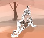  2016 anthro biped bottomwear brown_bottomwear brown_clothing brown_topwear carrot clothed clothing detailed_background digital_media_(artwork) digital_painting_(artwork) dirtyscoundrel food fully_clothed hi_res holding_object lagomorph licking male mammal rabbit rolled_up_sleeves shorts sitting sketch tongue tongue_out topwear tree vegetable 