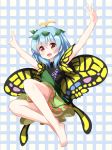  :d \o/ arms_up barefoot blue_hair butterfly_wings eternity_larva full_body hair_between_eyes highres leaf leaf_on_head leaning_forward open_mouth outstretched_arms red_eyes ruu_(tksymkw) short_hair short_sleeves smile solo touhou wings yellow_wings 