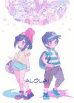  1girl alolan_exeggutor alolan_form alolan_marowak alolan_meowth alolan_raichu backpack bag baseball_cap beanie bewear black_hair capri_pants cutiefly green_shorts handbag hat lurantis mizuki_(pokemon) open_mouth oricorio pants pokemon pokemon_(creature) pokemon_(game) pokemon_sm red_hat rockruff sandygast shiinotic shirt short_hair short_sleeves shorts striped striped_shirt sweetholic tied_shirt you_(pokemon) z-ring 