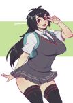 1girl backpack bag black_hair bokuman breasts eyebrows large_breasts long_hair looking_at_viewer marvel open_mouth peni_parker red_eyes school_uniform shirt simple_background skirt smile solo spider-man:_into_the_spider-verse spider-man_(series) thighhighs 