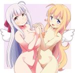  2girls ahoge angel areolae blonde_hair blue_eyes blush breasts brown_eyes closed_mouth collarbone cowboy_shot cross_hair_ornament female flat_chest gabriel_dropout hair_ornament hand_holding huge_breasts interlocked_fingers inverted_nipples long_hair looking_at_viewer looking_to_the_side multiple_girls naruse_mai navel nipples nude open_mouth outside_border pussy shiraha_raphiel_ainsworth silver_hair smile tenma_gabriel_white uncensored wings 
