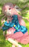  ;o blue_shirt blush bow checkered checkered_shirt commentary_request day fox_mask hair_between_eyes hata_no_kokoro highres long_hair looking_at_viewer lying mask on_grass on_side one_eye_closed outdoors pink_hair pink_skirt shade shirt skirt sleepy solo touhou tree_shade very_long_hair yashin 