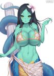  1girl bikini black_hair black_sclera breasts erect_nipples female flower flower_on_head green_skin kainkout lamia large_breasts monster_girl multiple_arms navel open_mouth original tail yellow_eyes 