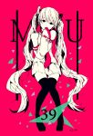  39 3kuma black_eyes commentary_request detached_sleeves digits hatsune_miku long_hair looking_at_viewer necktie open_mouth pink_background skirt solo thighhighs twintails very_long_hair vocaloid 
