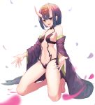  bare_shoulders bob_cut breasts detached_sleeves fate/grand_order fate_(series) highres horns kneeling medium_breasts navel oni oni_horns open_mouth petals purple_hair short_hair shuten_douji_(fate/grand_order) simple_background smile solo sugar_(dndi888) white_background wide_sleeves 