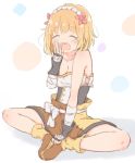  1girl blonde_hair commentary endro! eyes_closed fai_fai fingerless_gloves gloves hairband highres indian_style short_hair shorts simple_background sitting solo strapless yawning yukimura416 