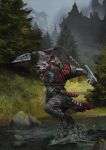  anthro armor axe battle_axe belt black_eyes castle clothed clothing creek detailed_background dungeons_&amp;_dragons gnoll holding_object holding_weapon hyena knife mammal mark_tarrisse melee_weapon open_mouth polearm teeth tree weapon 