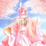  animal_ears blue_sky blush bunny_ears cherry_blossoms cloud commentary_request day fan fire_emblem fire_emblem_if flower folding_fan garter_straps hair_flower hair_ornament hairband holding holding_fan japanese_clothes kimono long_sleeves looking_away looking_to_the_side obi open_mouth outdoors pink_flower pink_hair pink_kimono purple_eyes red_footwear sakura_(fire_emblem_if) sandals sasaki_fumi sash short_kimono sky sleeves_past_fingers sleeves_past_wrists solo standing standing_on_one_leg thighhighs white_hairband white_legwear wide_sleeves yellow_flower 