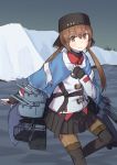  anchor_necklace black_bow black_footwear black_gloves black_hat black_skirt blue_shawl blue_sky boots bow brown_eyes brown_hair brown_legwear cliff closed_mouth fingerless_gloves glacier gloves hair_bow hand_on_own_chest hat highres jacket kantai_collection light_smile long_hair looking_at_viewer low_twintails ocean pantyhose papakha red_shirt ribbon_trim rigging scarf seatollead shirt skirt sky snow solo star tashkent_(kantai_collection) thigh_boots thighhighs torn_scarf torpedo_tubes tree turret twintails untucked_shirt white_jacket white_scarf 