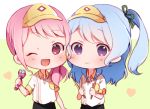  ;d alternate_hairstyle bang_dream! bangs blue_hair chibi collared_shirt drumsticks green_ribbon hair_ribbon heart holding holding_microphone long_hair looking_at_viewer maruyama_aya matsubara_kanon microphone multiple_girls one_eye_closed one_side_up open_mouth pink_eyes pink_hair polo_shirt purple_eyes ribbon shirt short_sleeves side_ponytail smile visor_cap yae_(eky_567) 