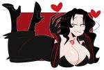  1girl black_hair breasts claws closed_mouth dress eyebrows fullmetal_alchemist gloves heart high_heels jinu long_hair lust pink_eyes simple_background smile solo 