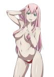  bikini_bottom breasts darling_in_the_franxx finger_to_mouth green_eyes hair_censor hair_over_breasts highres horns long_hair looking_at_viewer medium_breasts nahoyoshi navel pink_hair red_bikini_bottom simple_background solo standing topless white_background zero_two_(darling_in_the_franxx) 