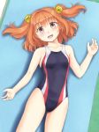  bell black_swimsuit brown_eyes competition_swimsuit hair_bell hair_ornament isaki_(gomi) looking_at_viewer motoori_kosuzu no_eyewear one-piece_swimsuit open_mouth orange_hair short_hair smile solo swimsuit touhou two_side_up 