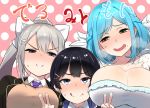  &gt;:) blue_hair breasts bursting_breasts character_name double_v drooling girl_sandwich hair_ornament hairclip higuchi_kaede huge_breasts large_breasts long_hair medium_breasts moira_(nijisanji) mole mole_on_breast multiple_girls nijisanji nuezou purple_eyes sandwiched short_hair silver_hair smile sweatdrop translation_request tsukino_mito v v-shaped_eyebrows virtual_youtuber 