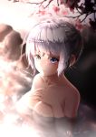  azur_lane blush breasts chahei cherry_blossoms commentary_request flower hand_on_own_chest highres illustrious_(azur_lane) large_breasts nude onsen partially_submerged silver_hair water 