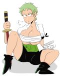  1girl bandage black_eyes breasts closed_mouth earrings eyebrows green_hair high_heels jacket jewelry jinu one_piece roronoa_zoro short_hair shorts simple_background sitting solo sword weapon white_background 