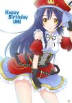  arm_up birthday black_gloves blue_hair character_name commentary_request cowboy_shot eyebrows_visible_through_hair gloves hair_between_eyes happy_birthday hat long_hair love_live! love_live!_school_idol_festival love_live!_school_idol_project miyamori_raira open_mouth pirate_costume pirate_hat simple_background skirt sleeveless solo sonoda_umi yellow_eyes 