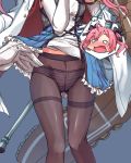  azur_lane blush crotch_seam hair_ornament jacket lower_body o_o panties panties_under_pantyhose pantyhose pov saratoga_(azur_lane) simple_background skirt skirt_lift standing striped striped_panties todome twintails underwear 