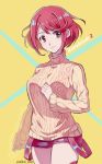  blush breasts homura_(xenoblade_2) large_breasts looking_at_viewer red_eyes red_hair short_hair shorts simple_background smile solo sweater xenoblade_(series) xenoblade_2 zin_(mame_denkyu) 