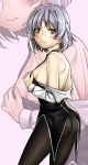  asashin_(kazami-tomo) ass bare_shoulders black_legwear blush bottomless breasts commentary_request eyebrows_visible_through_hair green_eyes hands_on_own_chest highres jacket jacket_pull looking_at_viewer necktie panties panties_under_pantyhose pantyhose sanya_v_litvyak short_hair silver_hair strike_witches underwear world_witches_series zoom_layer 