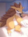  ambiguous_gender bed bedroom feral inside kajinchu lying nintendo pillow pok&eacute;mon pok&eacute;mon_(species) sandslash solo thick_thighs video_games wide_hips 