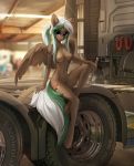  2018 anthro areola breasts cutie_mark digital_media_(artwork) equine fan_character feathered_wings feathers female hair hi_res long_hair looking_at_viewer mammal multicolored_hair my_little_pony nipples nude pegasus solo tomatocoup tools truck two_tone_hair vehicle wings wrench 