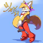  2018 anthro bandanna blue_eyes bra canine clothed clothing cosplay crossdressing fox fur giga_(artist) japanese_text looking_at_viewer male mammal miles_prower open_mouth shantae_(series) solo sonic_(series) standing text underwear white_fur yellow_fur 