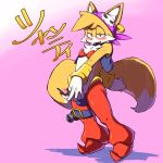  2018 anthro bandanna blue_eyes blush bra canine censor_bar censored clothed clothing cosplay crossdressing fox fur giga_(artist) japanese_text looking_at_viewer male mammal miles_prower open_mouth penis shantae_(series) solo sonic_(series) standing text underwear white_fur yellow_fur 